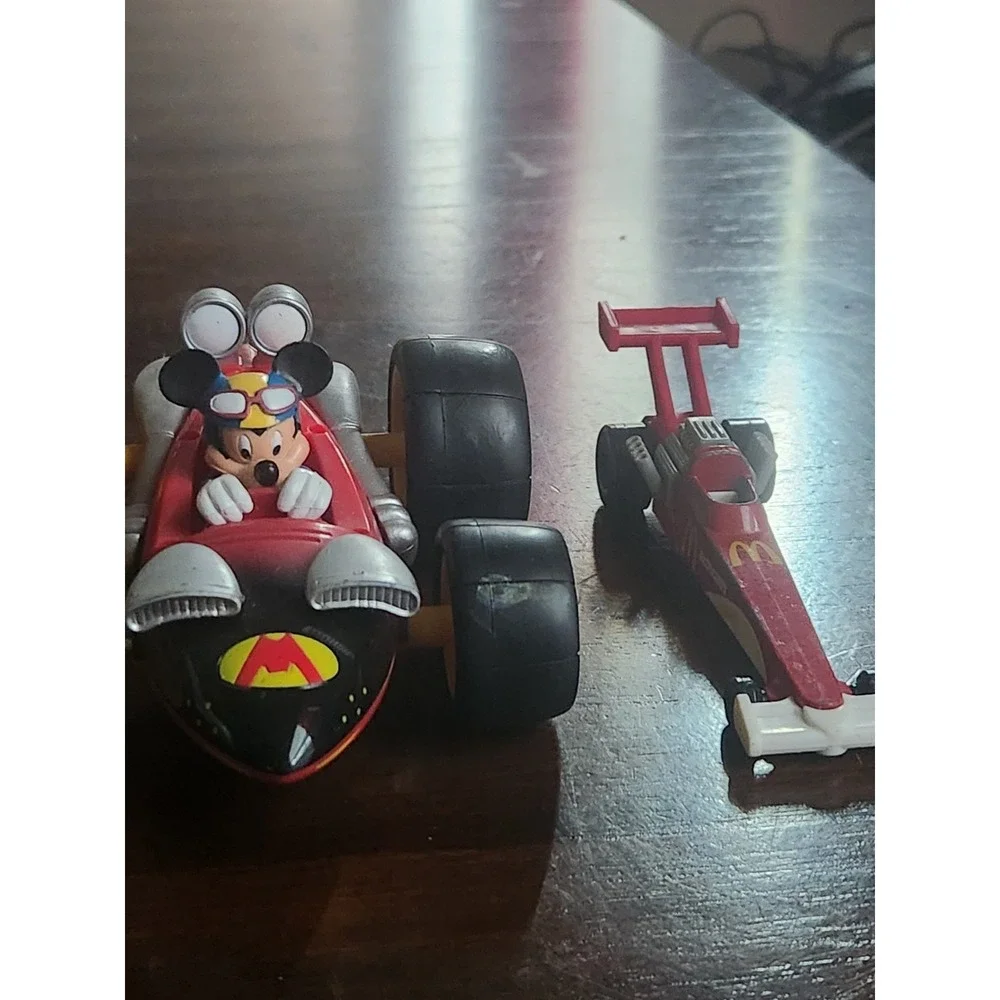 Lot of 4 Vintage toy cars. Pull string Mickey Kart, McDonalds 1993, clear gear